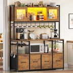 Itaar Bakers Rack with Power Outlet and LED Light, 47.2'' Microwave Stand with Storage, Kitchen Coffee Bar Cabinet with Glass Door, 4 Drawer, Wine Rack, Goblet Holder and 12 Hooks, Rustic Brown