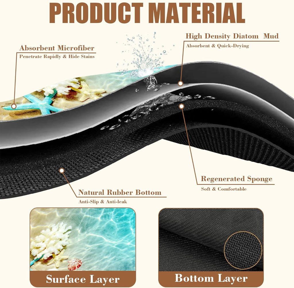 Starfish and Seashell Beach Dish Drying Mat for Kitchen Counter - Hide Stain Rubber Backed Absorbent Mat - Fits Under Coffee Maker, Espresso Machine - 15.7 x 23.6 Inch