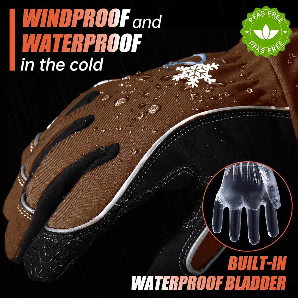 HANDLANDY Winter Insulated Work Gloves, 3M Thinsulate Thermal Water-Resistant Gloves for Men Women Touch Screen, Warm Ski Snowboard Cold Weather Gloves (Brown, Large)