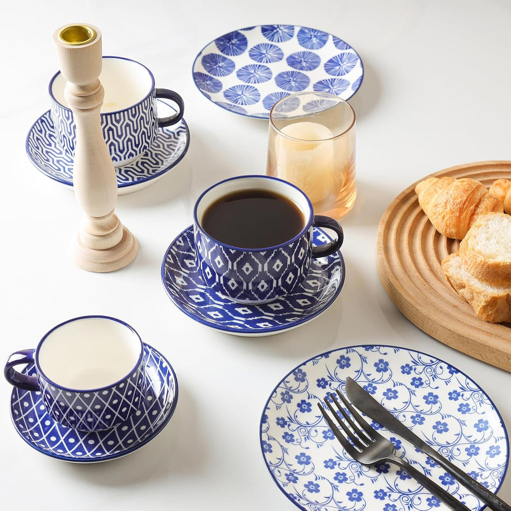 Selamica Ceramic Cappuccino Cups with Saucers and Metal Stand, 8 OZ Stackable Espresso Coffee Cups for Coffee, Latte, Americano, Tea, Set of 4, Vintage Blue