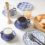 Selamica Ceramic Cappuccino Cups with Saucers and Metal Stand, 8 OZ Stackable Espresso Coffee Cups for Coffee, Latte, Americano, Tea, Set of 4, Vintage Blue