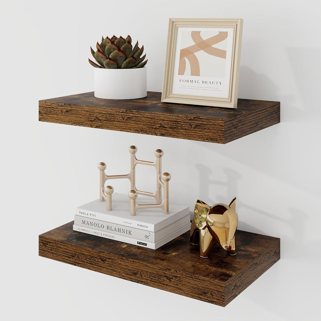 16 Inch Floating Shelves, 9.3" Deep Floating Shelf Wall Mounted, 16" Wall Shelves, Rustic Deep Bookshelf, Large Display Shelves & Storage Shelves for Bedroom, Living Room, Brown, Set of 2