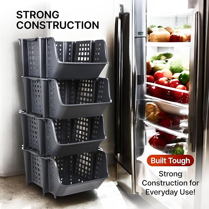 Skywin TidyFriend Plastic Stackable Storage Bins, 4 Pack Extra Large Open Front Bins for Toy, Pantry, Kitchen, and Bathroom Organization (Dark Grey)