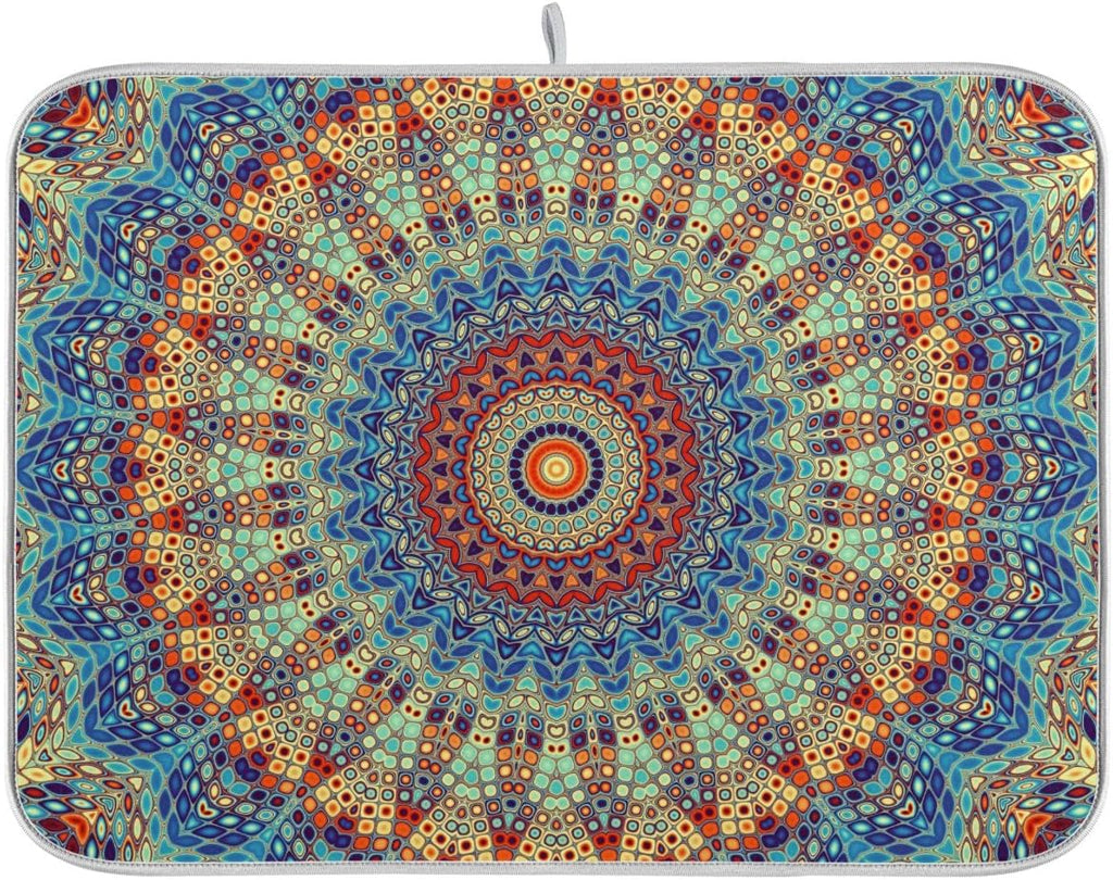 Bohemian Mandala Dish Drying Mat for Kitchen Counter Boho Ethnic Drying Mat 16 x 18 Inch with High Absorbent Reversible Microfiber Dish Drying Pad Dish Rack Pad Drainer Mat for Coffee Bar