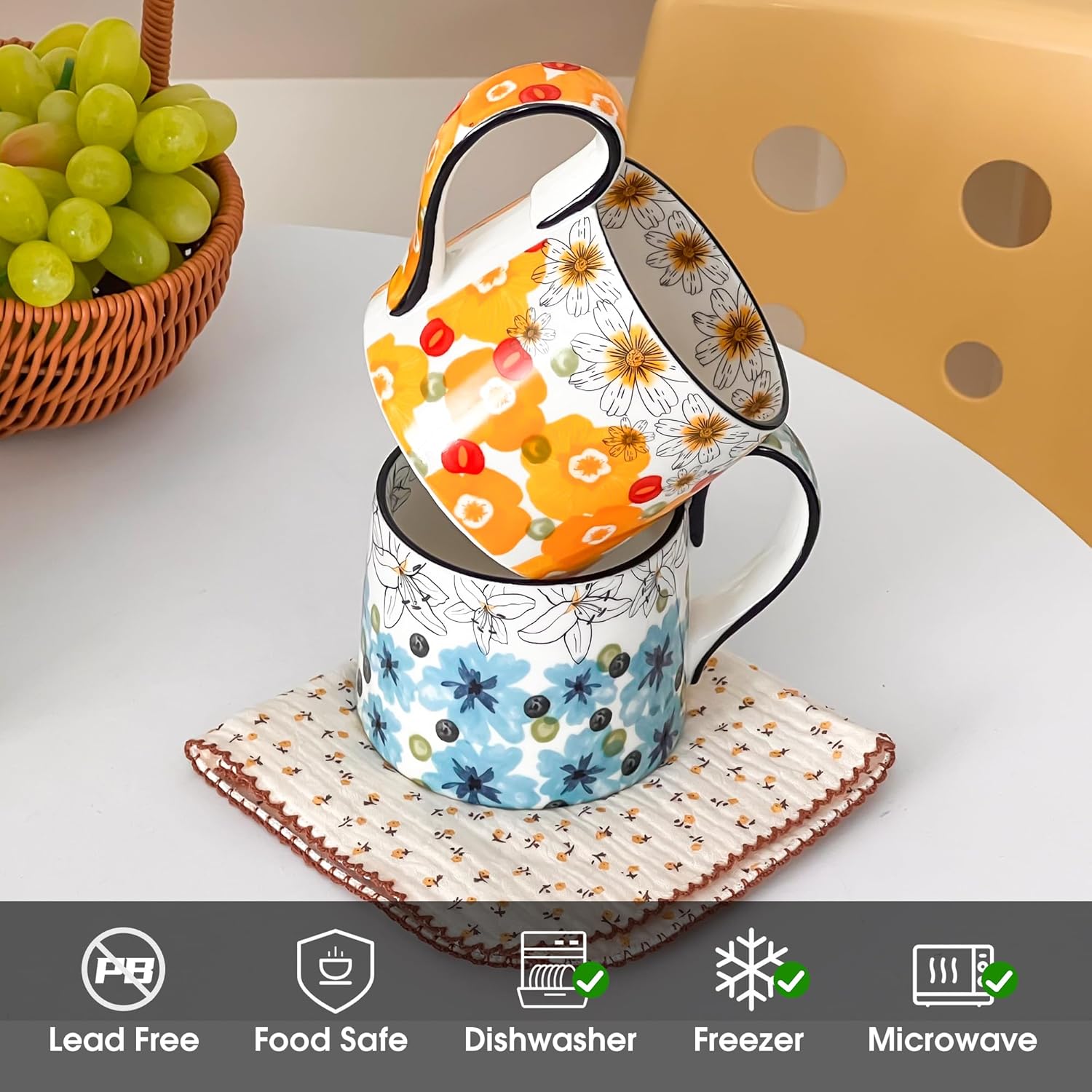 Ceramic Coffee Mug, 12oz Cute Floral Coffee Mugs with Large Handle, Orange Flower Design Stoneware Tea Cup for Office and Home