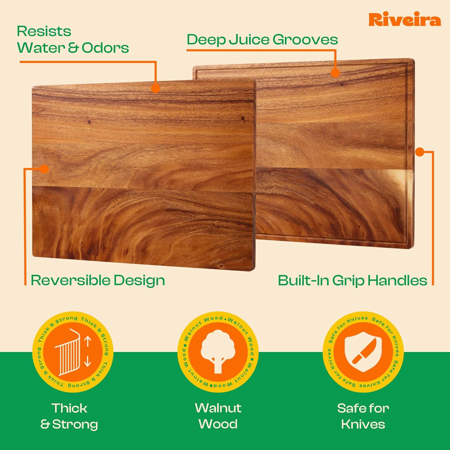 Riveira Walnut Wood Cutting Board – Versatile And Durable: Set Of 2 Pcs Rectangular Wooden Cutting Board – Natural Wooden Cutting Boards For Kitchen – Complete Walnut Wooden Chopping Board