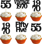 Gyufise 24Pcs Vintage 1970 Cupcake Toppers Glitter Cheers to 55 Fabulous Fifty Five Cupcake Picks 55th Birthday Wedding Anniversary Party Cake Decorations Supplies Black