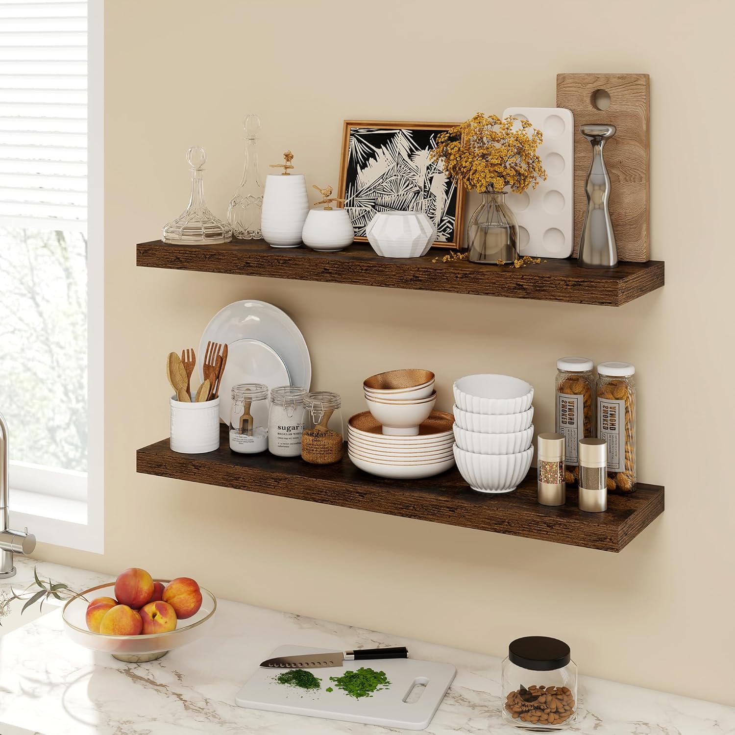 36 Inch Floating Shelves, 9.3" Deep Floating Shelf Wall Mounted, 36" Wall Shelves, Rustic Deep Bookshelf, Large Display Shelves & Storage Shelves for Bedroom, Living Room, Brown, Set of 2