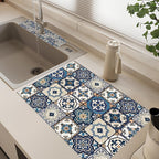 2Pcs Dish Drying Mats Faucet Mats Sets Large Size Coffee Mats Sink Faucet Mat Splash Guard for Kitchen Counter Bathroom Sink Coffee Bar Kitchen Decor (Blue Boho, 18"x24" 15" x 5.5"Set)