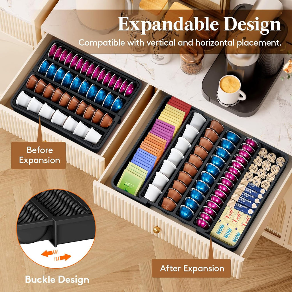 Lifewit Coffee Pod Holder Drawer Organizer, Expandable Coffee Pods Storage Drawers Insert for Tea Bags, Bar Organizer Compatible with K Cup, Nespresso OriginalLine, VertuoLine Capsules Black