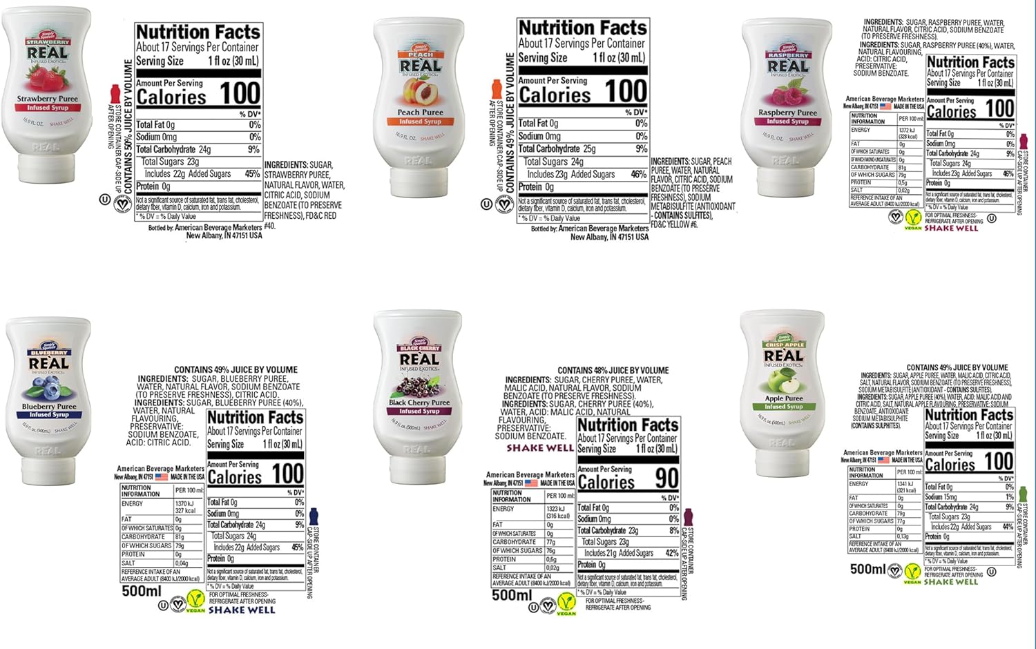 Reàl Fruit Infused Flavoring Syrup Variety - Strawberry, Raspberry, Peach, Blueberry, Black Cherry, Crisp Apple (Pack of 6, 16.9 FL OZ Bottles)