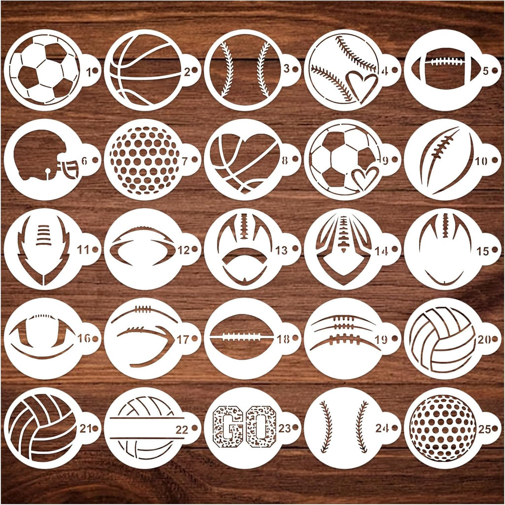 Small Sports Ball Stencil for Cakes Cupcake Cookie Decorating Stencils Reusable Football Basketball Baseball Golf Soccer Stencil on Baking Coffee Decorating Card Making (25 Sport Cookie)