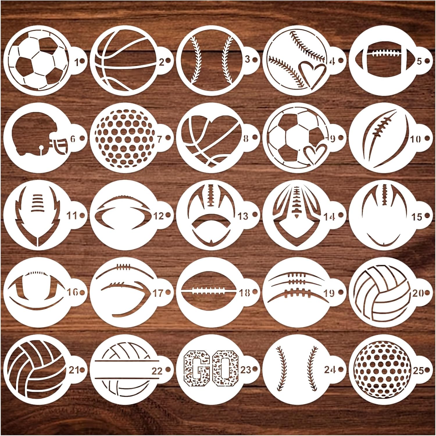 Small Sports Ball Stencil for Cakes Cupcake Cookie Decorating Stencils Reusable Football Basketball Baseball Golf Soccer Stencil on Baking Coffee Decorating Card Making (25 Sport Cookie)