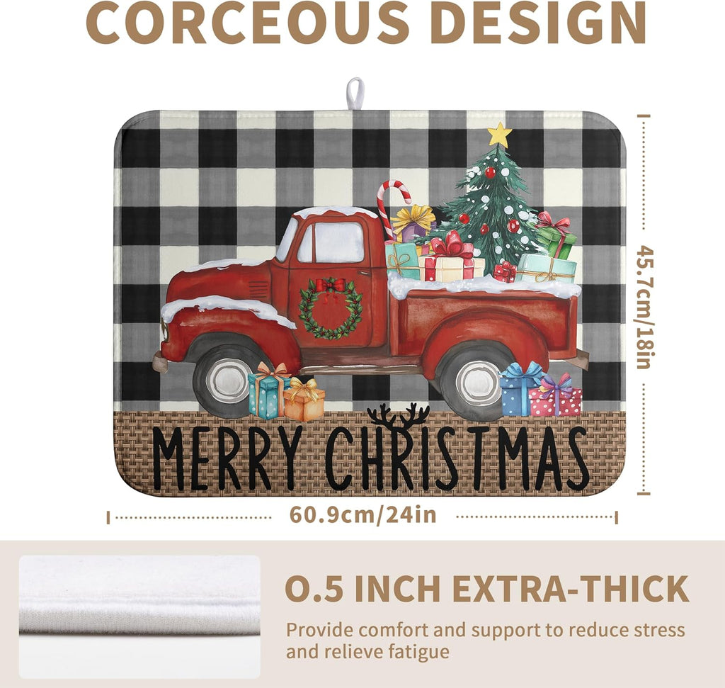 Merry Christmas Truck Dish Drying Mat Winter Large Kitchen Mats Dish Drying Pad Xmas Tree Absorbent Dish Dryer Mat for Kitchen Countertops Microfiber Drainer Pad Dish Drying Mats (18x24 in)