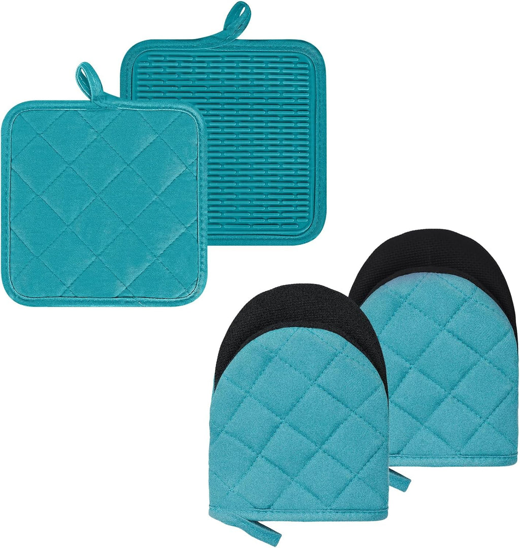 Oven Mitts and Pot Holders Set, Pack of 4, Heat Resistant Silicone Kitchen Mini Oven Mittens for 500 Degrees, Mini Oven Gloves and Hot Pads for Baking Grilling Barbecue Microwave Machine Washable