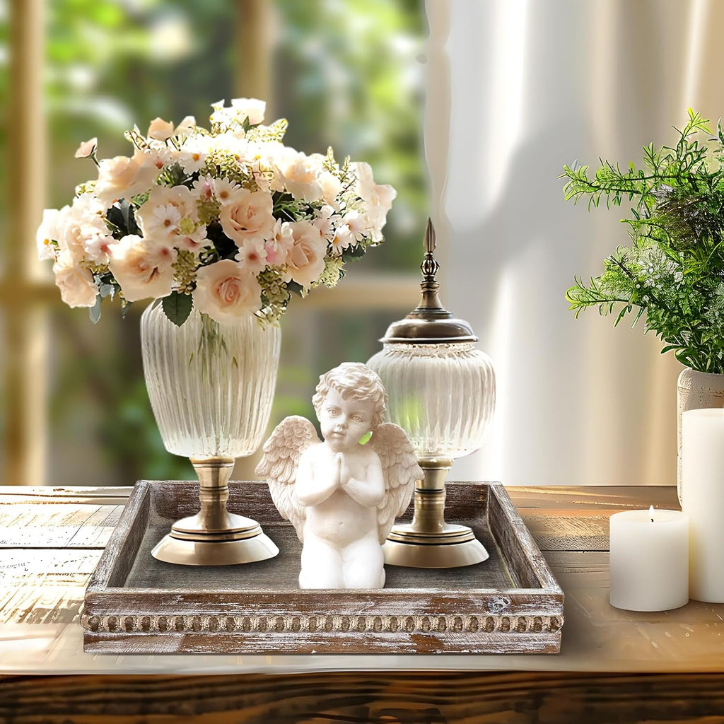 Wooden Decorative Tray, Small Serving Tray with Wood Bead, Farmhouse Big Tray for Ottoman, Countertop, Coffee Tabl, 13" x 13"x 1.6" (Retro Brown)