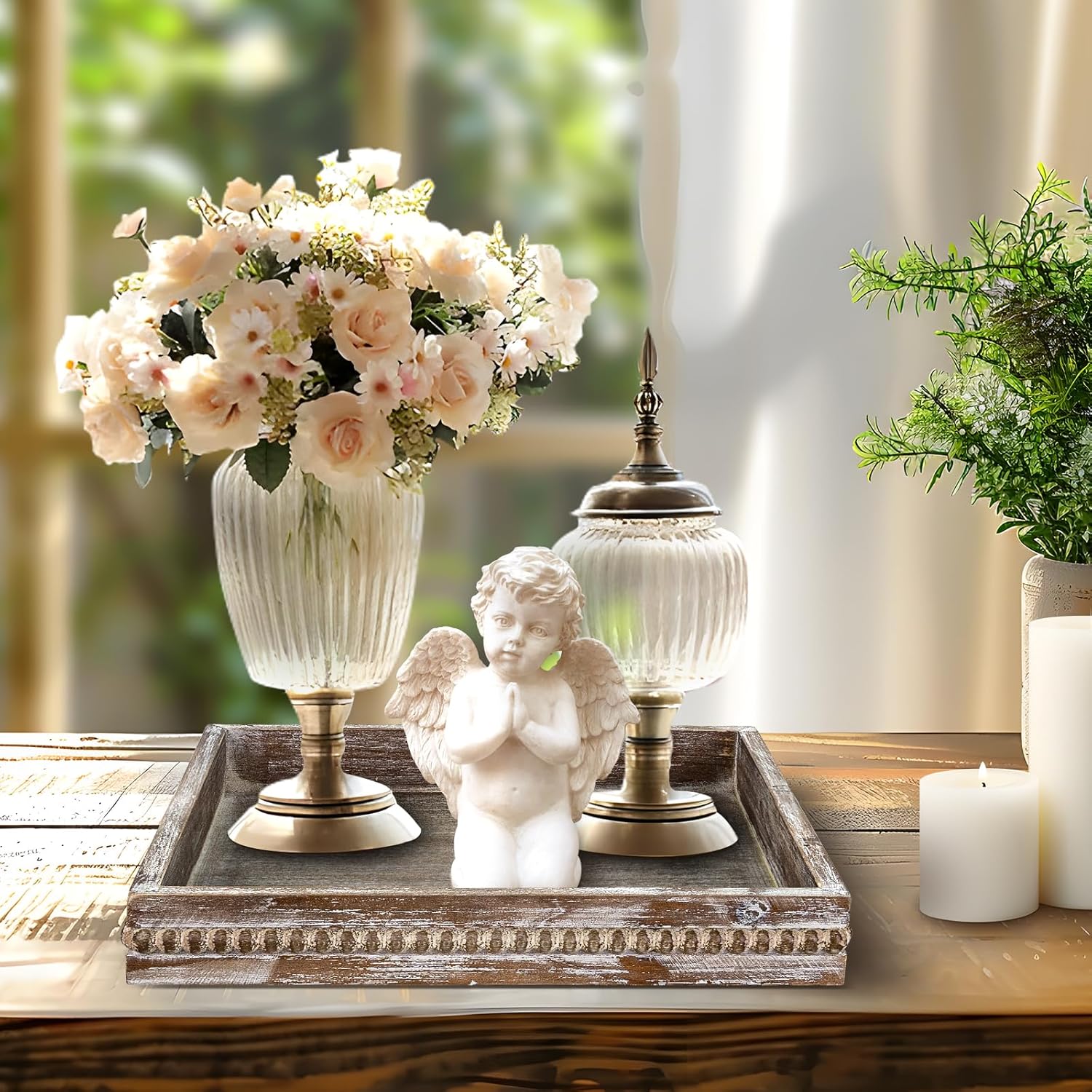 Wooden Decorative Tray, Small Serving Tray with Wood Bead, Farmhouse Big Tray for Ottoman, Countertop, Coffee Tabl, 13" x 13"x 1.6" (Retro Brown)