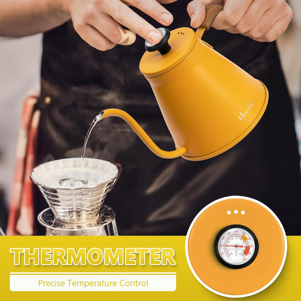 Harriet Gooseneck Kettle with Thermometer for Pour Over Coffee and Tea, 37 fl oz, Stainless Steel, Durable 3-Layer Base, Ideal Spout for Precision Pouring, Compatible with all Stove Tops, Yellow