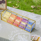 NCYP Glass Tea Bags Organizer with 5 Grids Compartments, Indoor Counter Top Brass Display Case with Lid, Storage Box, Gold, Decor, Teabag Storage, 14.5 x 3.6 x 3.66 Inches (Glass Box Only)