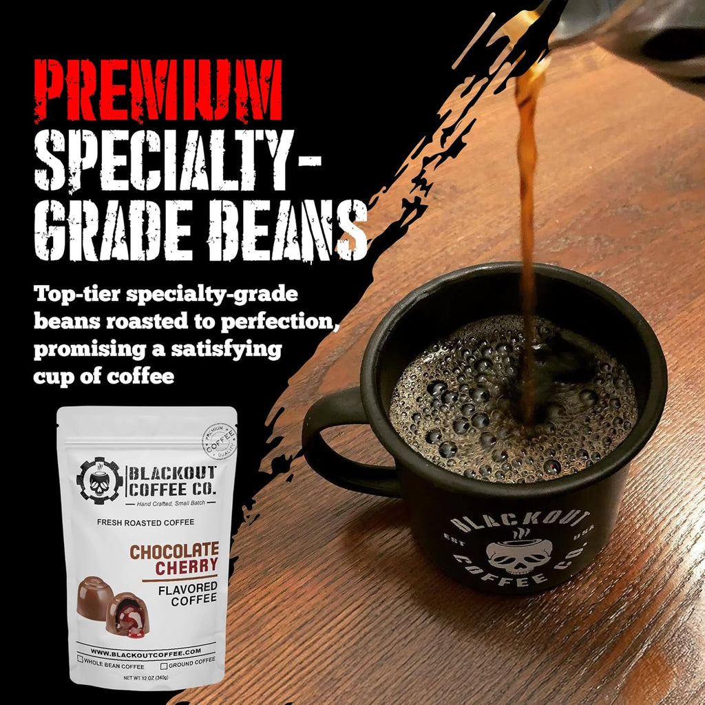 Blackout Coffee Chocolate Cherry Flavored Medium Roast - Freshly Roasted in the USA - 12 oz Ground Coffee Pouch