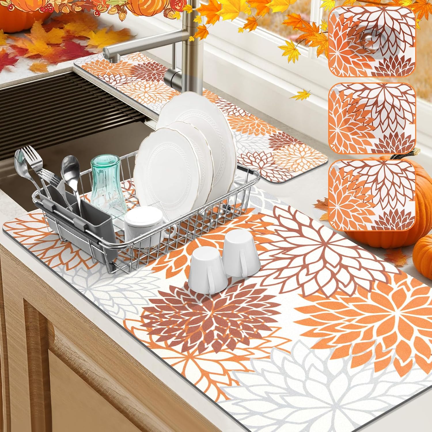 Findosom 2PCS 17" x 32" Fall Dish Drying Mat & 24" x 5.5" Sink Splash Guard, Super Absorbent & Cuttable Dish Mat Drying Kitchen Mat with Orange Floral, Hide Stain Drying Mat for Kitchen Counter