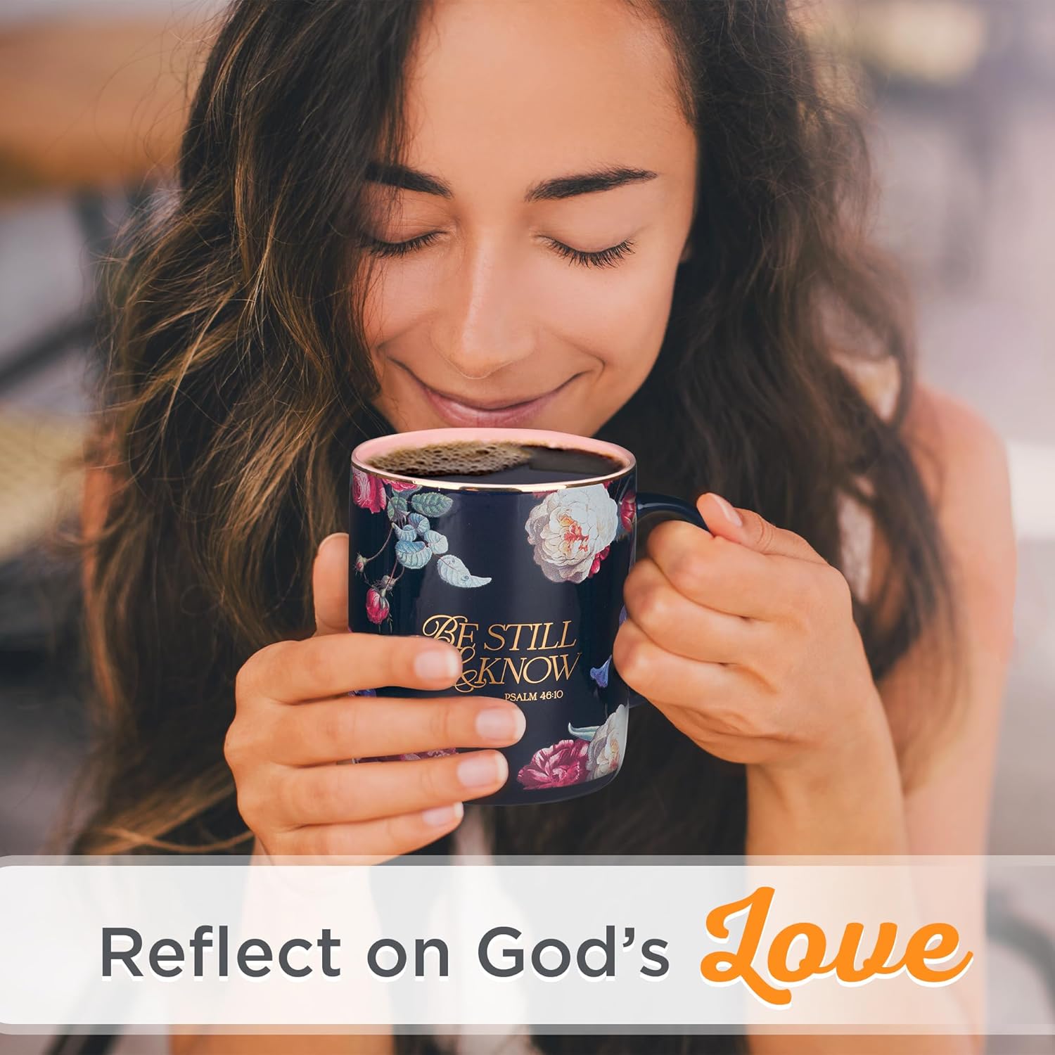 Christian Art Gifts Large Ceramic Inspirational Scripture Coffee & Tea Mug for Women: Be Still & Know Encouraging Gold Bible Verse, Lead/Cadmium Free Cute Drinkware, Dark Navy Blue/Pink Floral, 14 oz.