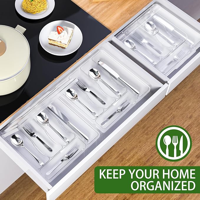 Silverware Tray with Lid, Utensil Drawer Organizer for Kitchen Countertop Plastic Flatware Organizers and Storage holder 5 Compartments