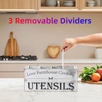 Kitchen Utensil Holder,Farmhouse Wooden Utensil Holder For Kitchen Counter,Extra Large Cooking Spatula Organizer,Big Storage With 4 Compartments Flatware Spoon Tool Cutlery（Retro White）