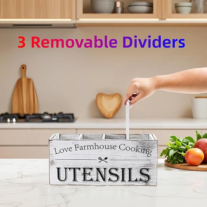 Kitchen Utensil Holder,Farmhouse Wooden Utensil Holder For Kitchen Counter,Extra Large Cooking Spatula Organizer,Big Storage With 4 Compartments Flatware Spoon Tool Cutlery（Retro White）
