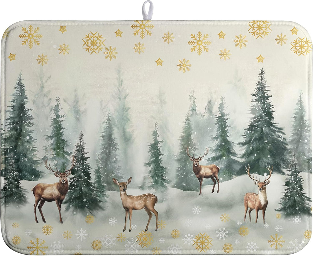 Winter Deer Snowflakes Dish Drying Mat Christmas Snow Forest Large Kitchen Mats Dish Drying Pad Absorbent Dish Dryer Mat for Kitchen Countertops Microfiber Drainer Pad Dish Drying Mats (18x24 in)