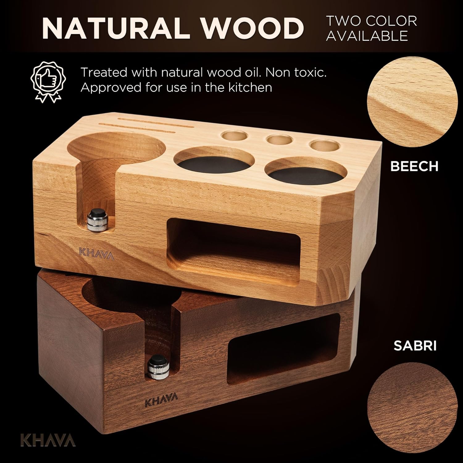 KHAVA Espresso Tamping Station | Wooden Coffee Tamper Station 51-54 mm | Espresso Organizer & Portafilter Holder | Coffee Station Organizer for Countertop | Espresso Accessories for Coffee Bar, Brown