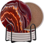 Red Agate Marble Round Coasters Set of 6 - Abosrbent Ceramic Coasters with Metal Stand for Drinks, Coffee, Non-Slip Cork Back for Tabletop Protection, 4 Inches Marbled Pattern (Agate)
