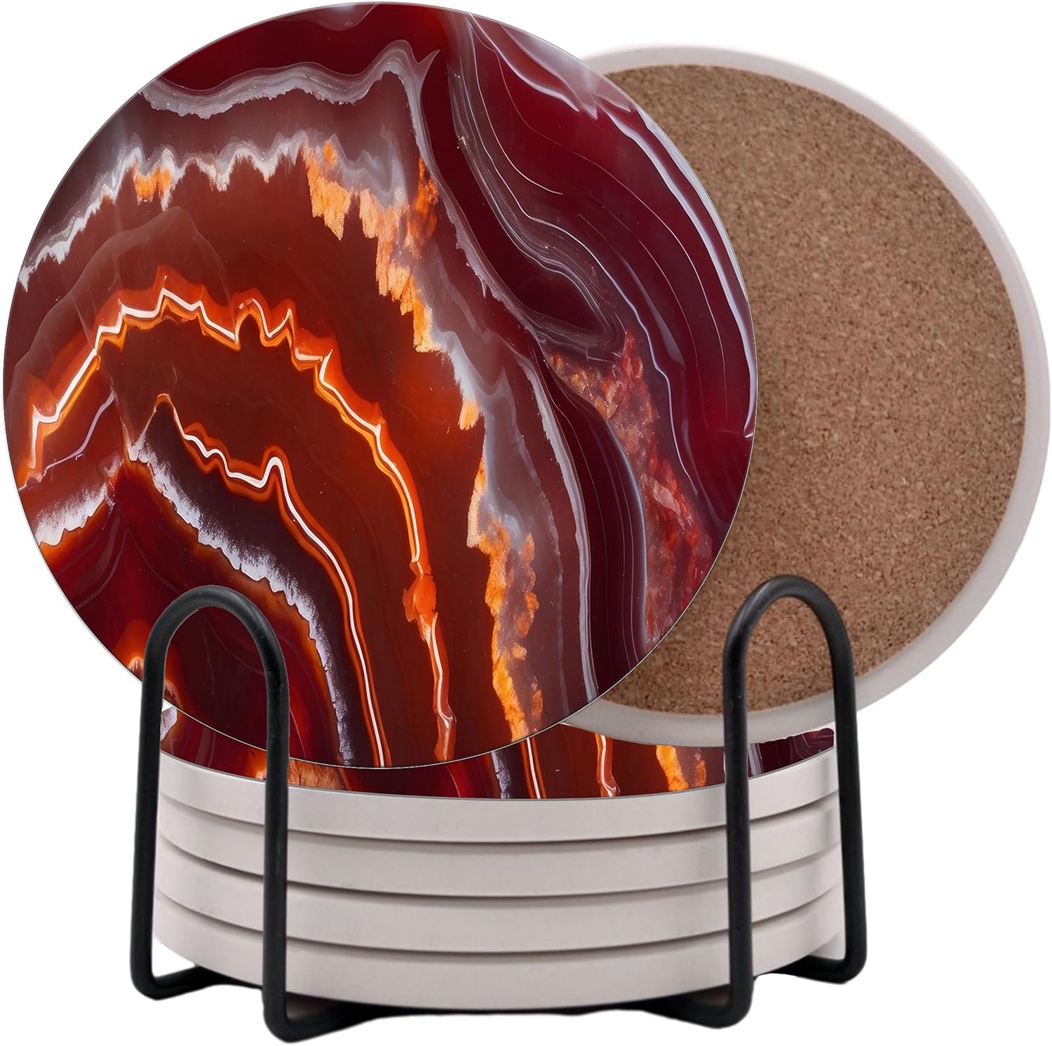 Red Agate Marble Round Coasters Set of 6 - Abosrbent Ceramic Coasters with Metal Stand for Drinks, Coffee, Non-Slip Cork Back for Tabletop Protection, 4 Inches Marbled Pattern (Agate)