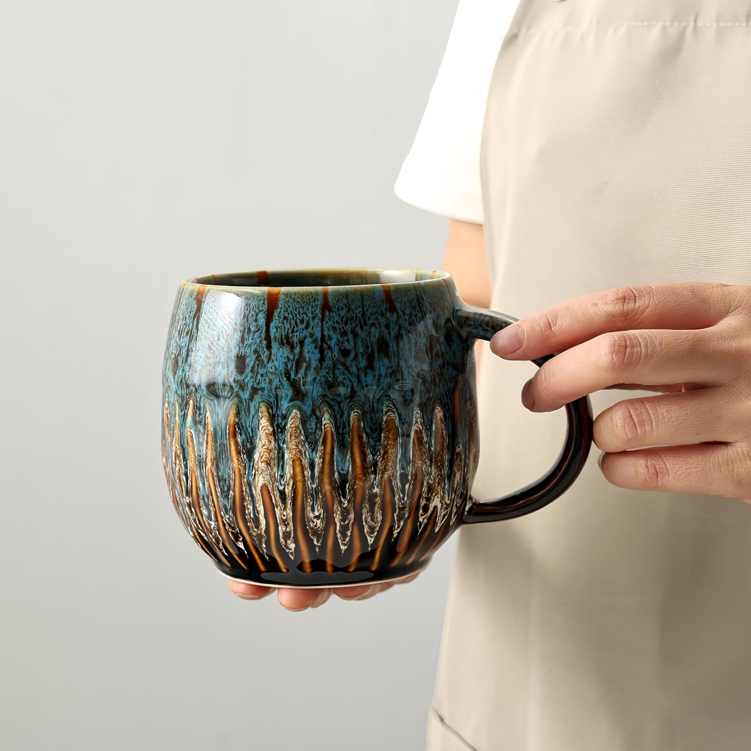 20oz Raku Glaze Coffee Mug - Unique Handcrafted Look Ceramic Cup, Large Tea Mug, Microwave & Dishwasher Safe (blue)