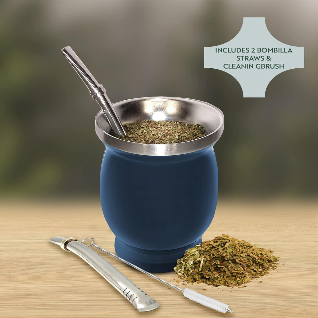 Norte Yerba Mate Cup Kit, 8-Ounces Traditional Mate Tea Cup/Gourd Set | Includes 2 Bombillas (Yerba Mate Straw) & Cleaning Brush, Stainless Steel Cup, Double-Walled, Easy to Clean | Blue