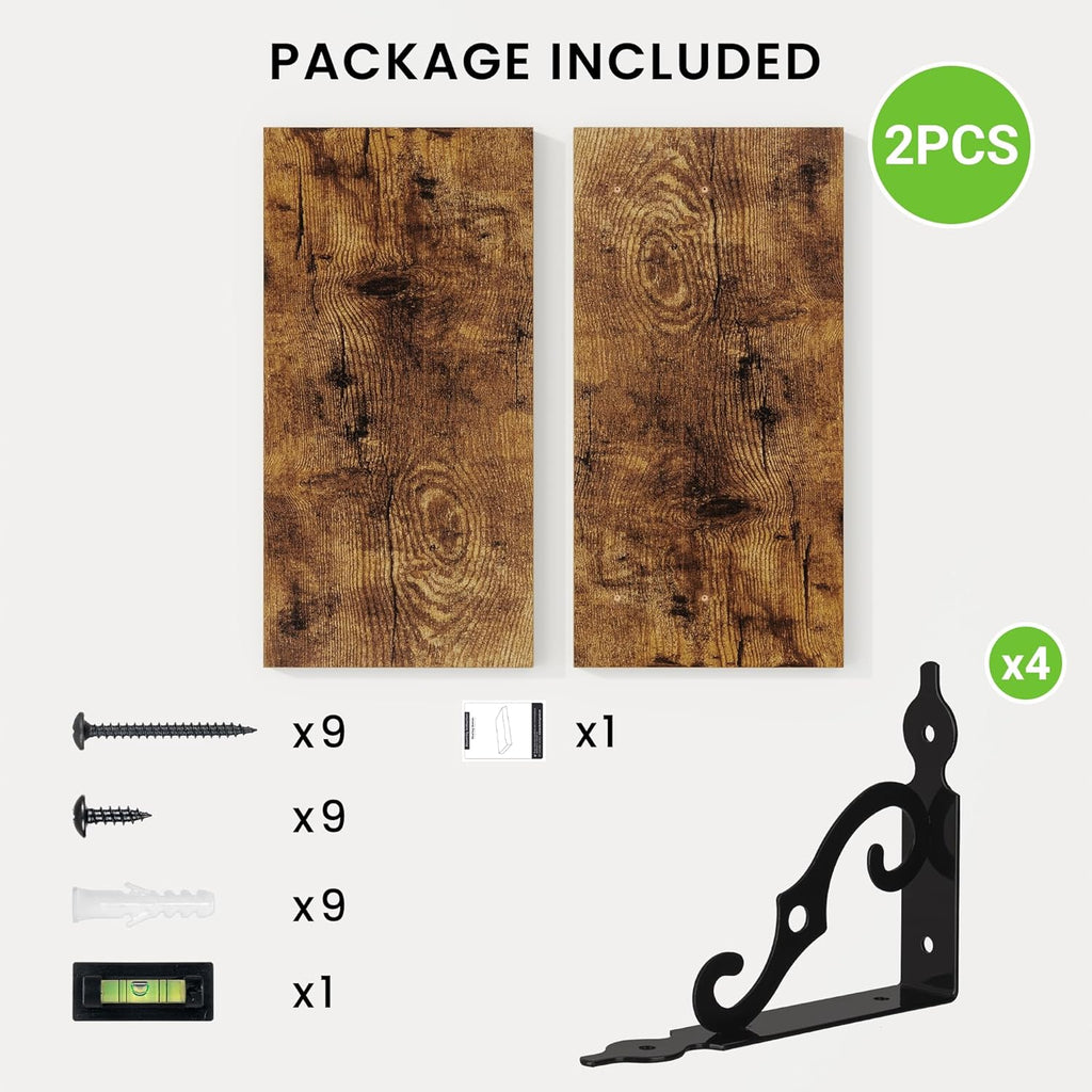 RICHFOCUS Floating Shelves for Wall Decor, 8 Inch Deep Floating Shelves Set of 2, 16W x 8D Shelves Wall Mounted with Metal Brackets, Wood Shelves for Living Room Bedroom Kitchen, Rustic Brown