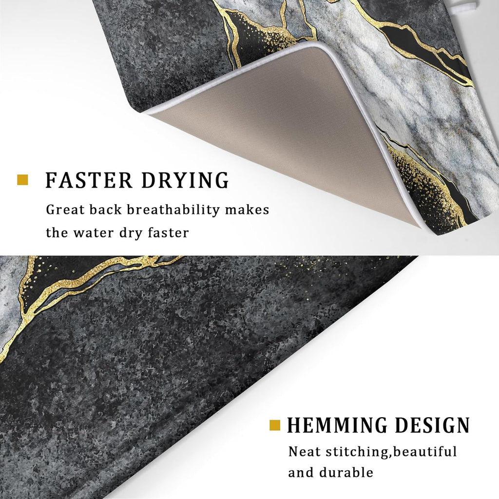 Giwawa Marble Dish Drying Mat for Kitchen Counter 18x24 inch Black Grey Gold Marbling Print Decorative Absorbent Dish Drying Pad Elegant Luxury Granite Stone Microfiber Large Drainer Rack