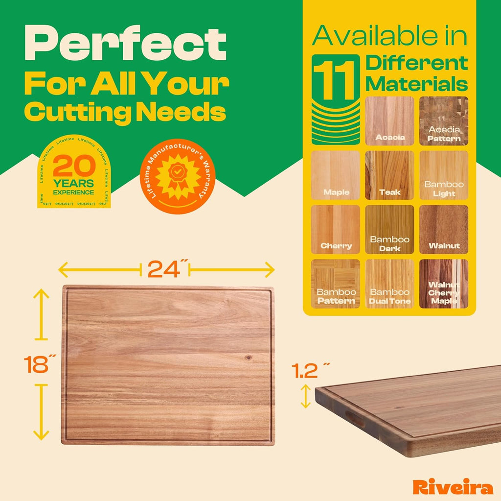 Riveira Acacia Wood Cutting Board – Gourmet Acacia Grandeur: 24 x 18 Wooden Cutting Board – Natural Wooden Cutting Boards For Kitchen Decorative – Innovative Juice Grooves Acacia Wooden Chopping Board