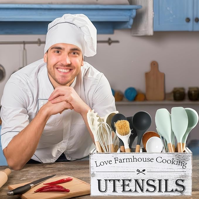 Kitchen Utensil Holder,Farmhouse Wooden Utensil Holder For Kitchen Counter,Extra Large Cooking Spatula Organizer,Big Storage With 4 Compartments Flatware Spoon Tool Cutlery（Retro White）