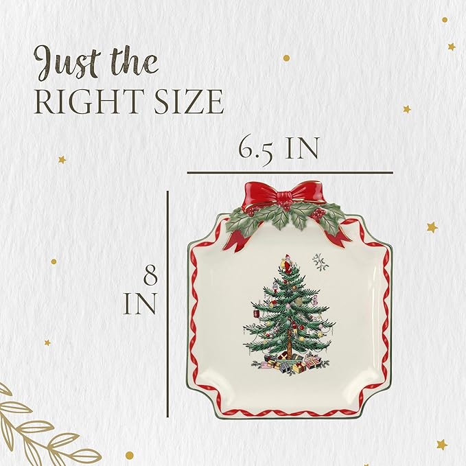 Spode Christmas Tree Ribbons Canape Platter - 6.5-Inch Holiday Serving Plate for Desserts, Appetizers, and Treats - Festive Earthenware Christmas Dinnerware with Gold Accents - Dishwasher Safe