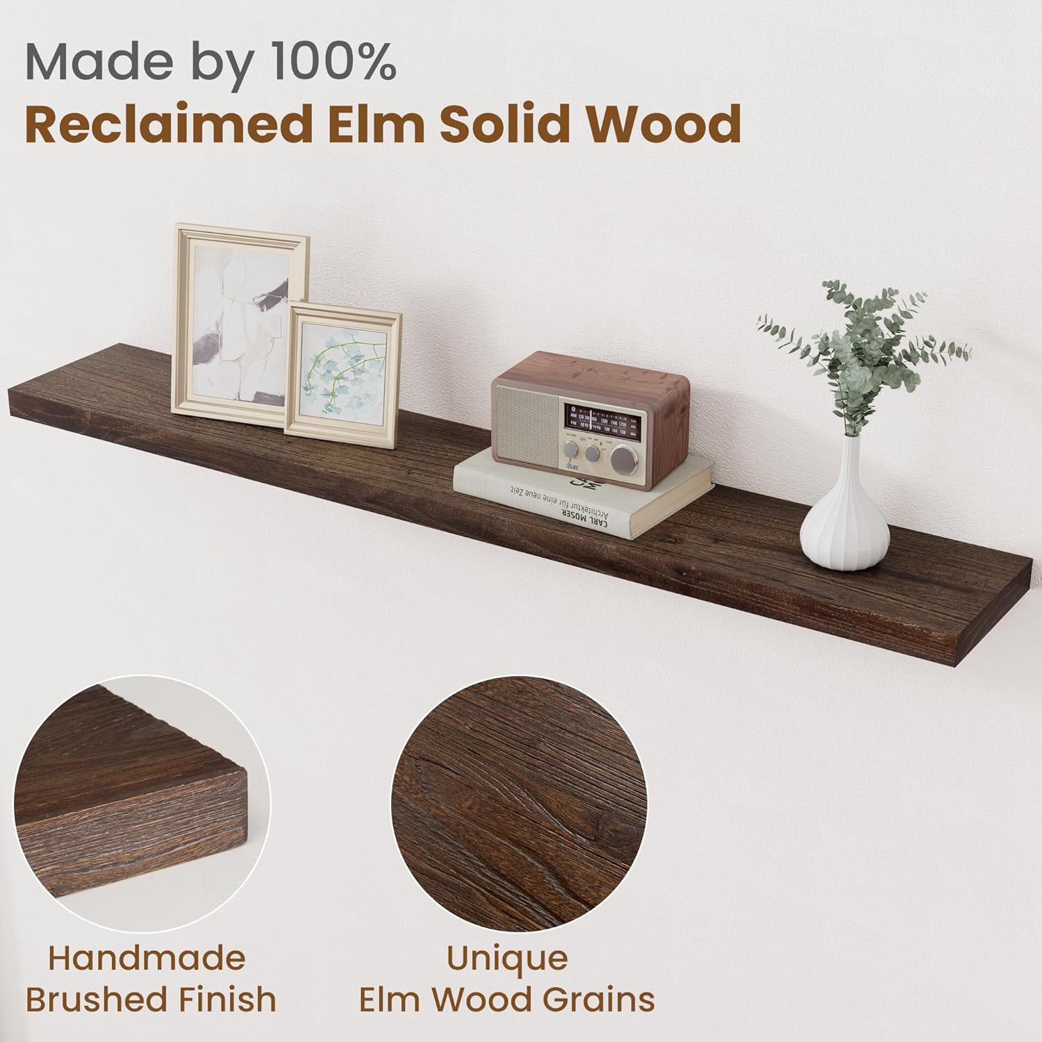 Floating Shelves for Wall Decor, 8 Inch Deep Rustic Solid Elm Wood Floating Shelves Wall Mounted, Wall Shelves with Invisible Bracket for Living Room Bathroom Bedroom Kitchen, 48 Inch Set of 1, Walnut