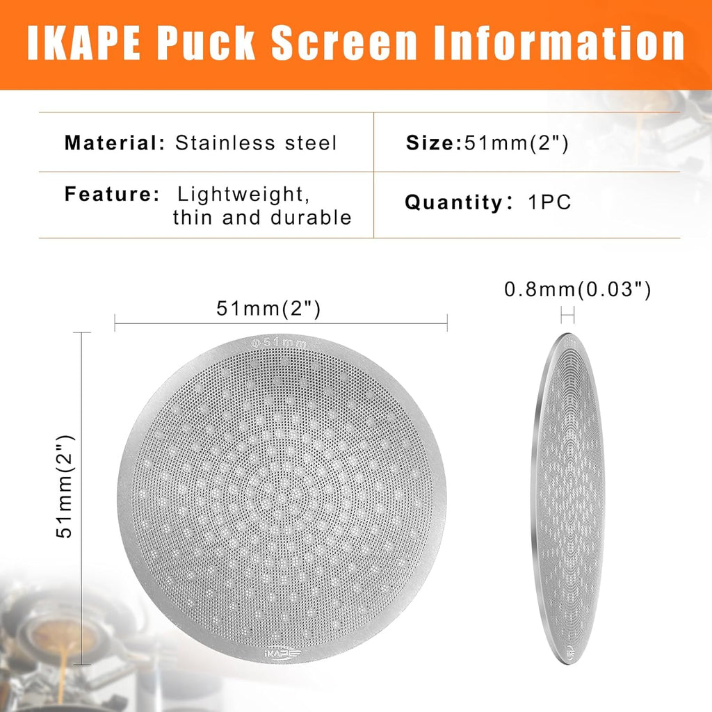 IKAPE 51mm Espresso Puck Screen, 0.8mm Thickness, Reusable Metal Thin & light Coffee Filters, Food-grade 316 Stainless Steel Coffee Puck Screen for Espresso Baristas