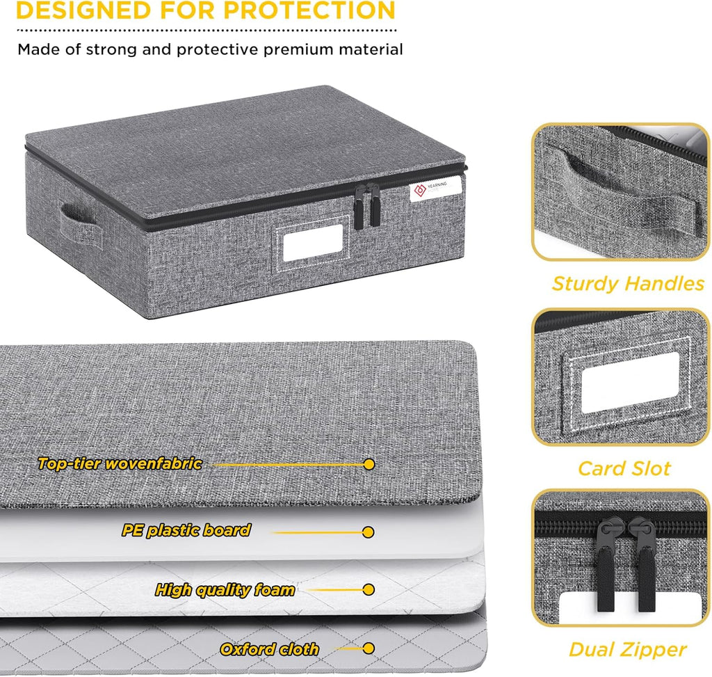 YearningHome Cup and Mug Storage Box with Hard Shell and Dividers for Coffee Mugs,Tea Cups and Glasses,Stackable Storage Organizers with Lid,Handles,Zips and Lable for Moving,Holds 12,2 Pack, Grey