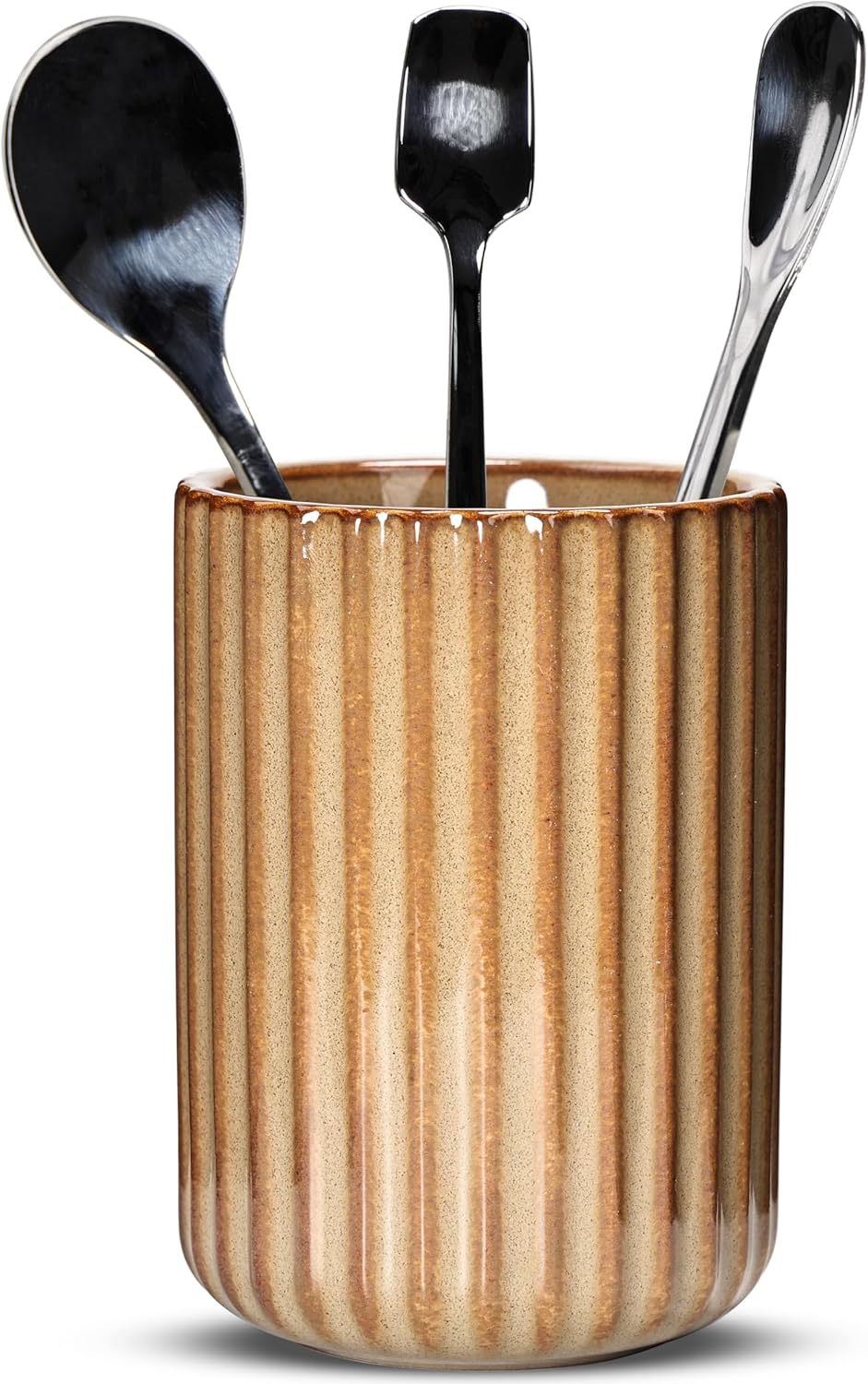 Ceramic Spoon Holder for Coffee Bar, Upright Tea Spoon Holder Cup, Coffee Stirrers Straws Stir Stick Holder, Brown Fluted Surface