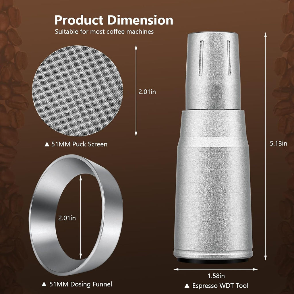 WDT Tool Espresso Distributor Accessory kit &1.7mm Thickness 150μm Mesh Puck Screen & 8 Magnets dosing ring Compatible with Breville Portafilter (WDT +51MM silver dosing ring&puck screen)