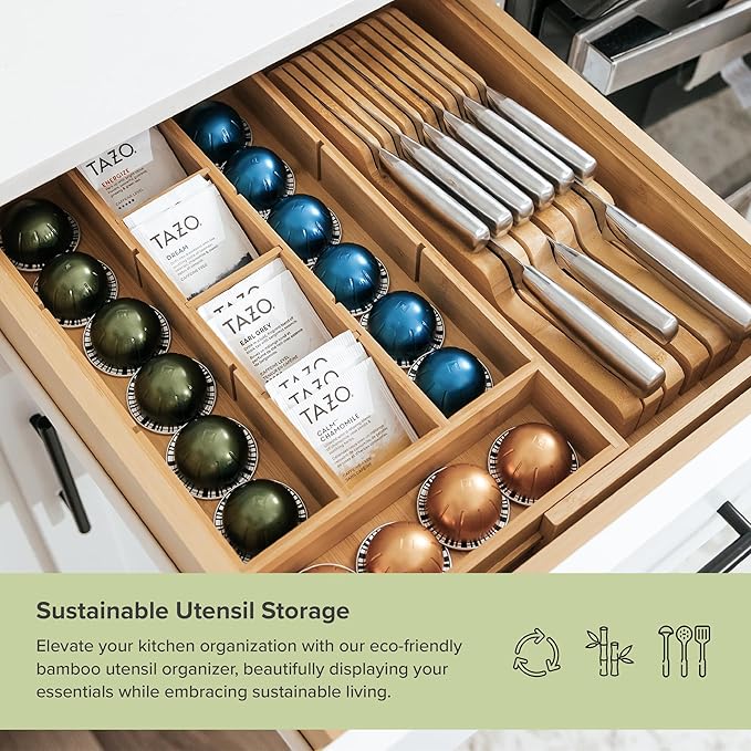 KitchenEdge Tea Bag and Coffee Pod Kitchen Drawer Organizer, Expandable 9.7 to 17 Inches, 10 Accessory Compartments with Adjustable Wall Inserts, Non-Slip Rubber Feet, 100% Sustainable Bamboo Wood