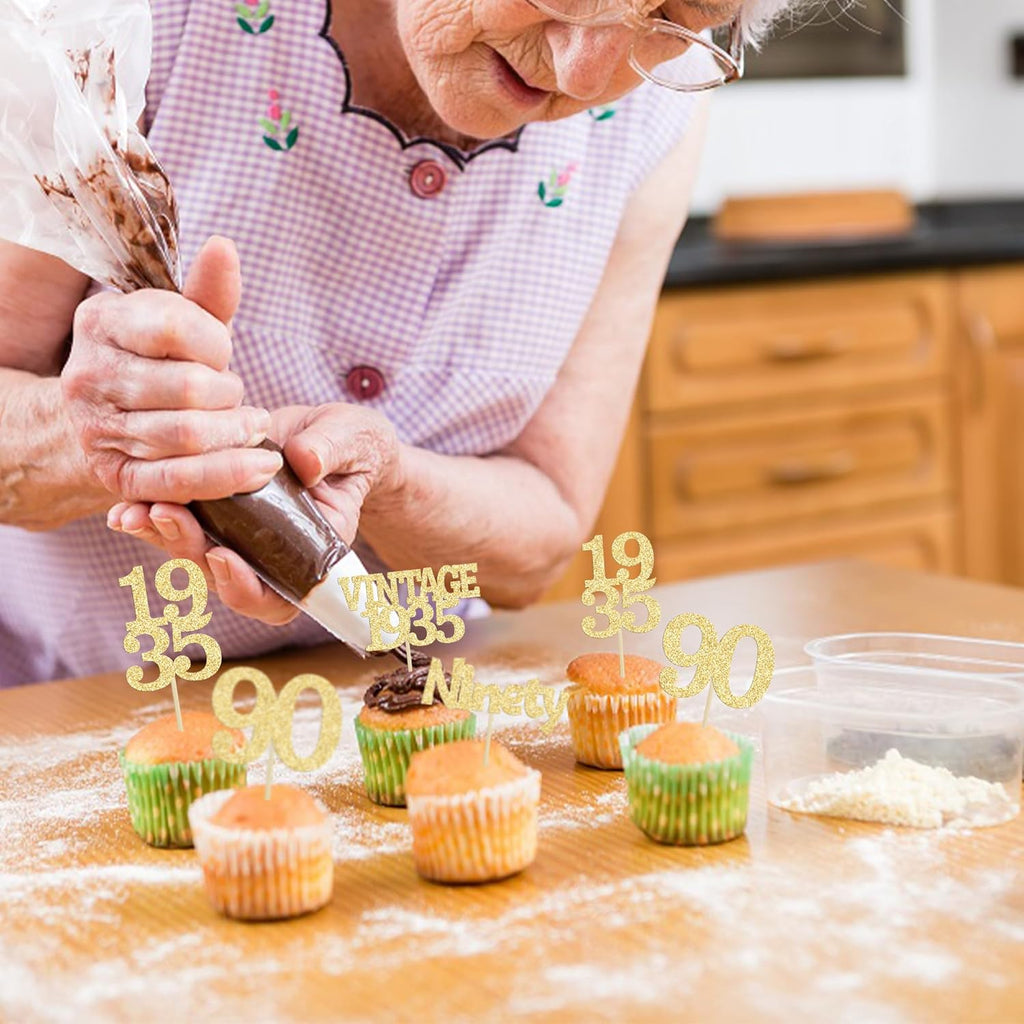 Gyufise 24Pcs 90th Birthday Cupcake Toppers Glitter Cheers to 90 Fabulous Ninety Vintage 1935 Cupcake Picks 90th Birthday Wedding Anniversary Party Cake Decorations Supplies Gold