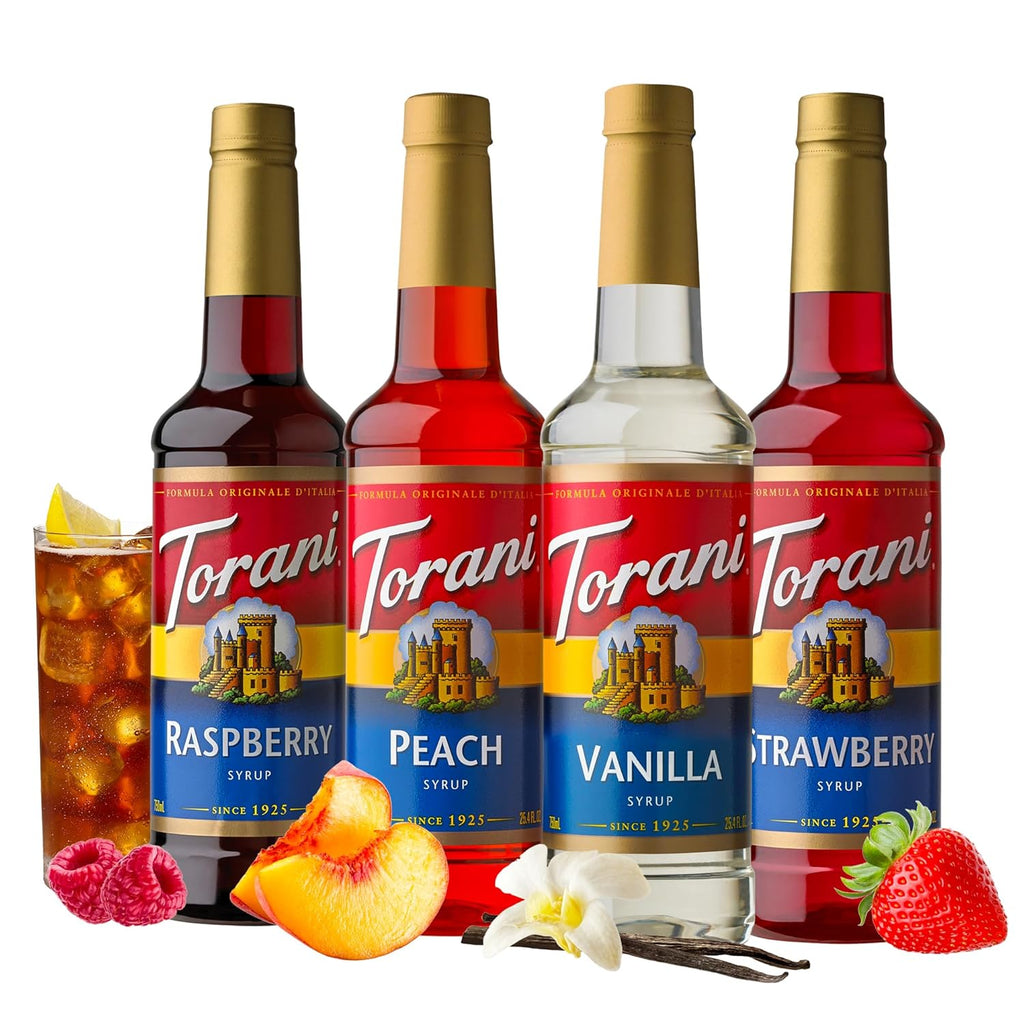 Torani Flavored Drink Syrup Soda Shop Variety Pack, Raspberry, Peach, Vanilla & Strawberry, 25.4 fl oz (Set of 4)