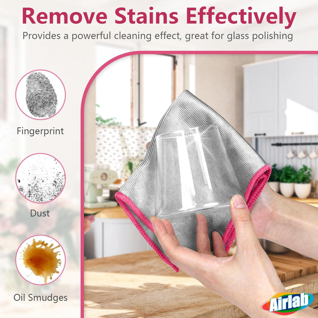Airlab Glass Polishing Cloth Streak Free Miracle Microfiber Cleaning Cloth Lint Free Cleaning Rags for Glasses Kitchen Dish Mirrors Easy Clean, Pack of 6, 12" x 12", Sliver-Pink