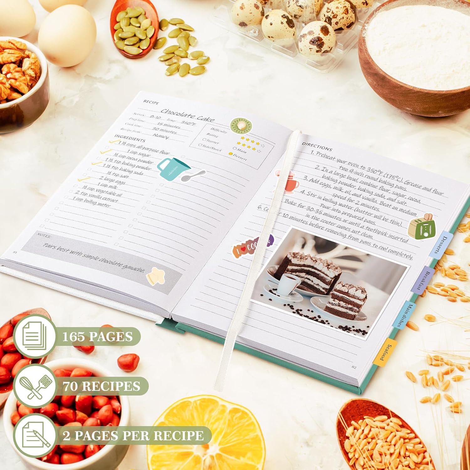 Lanpn Blank Recipe Book Cookbook for 70 Recipes, A5 Waterproof Empty Recipe Notebook to Organize Your Family Recipes, Leather Cooking Journal with Stickers to Write in Your Own Recipes, Green